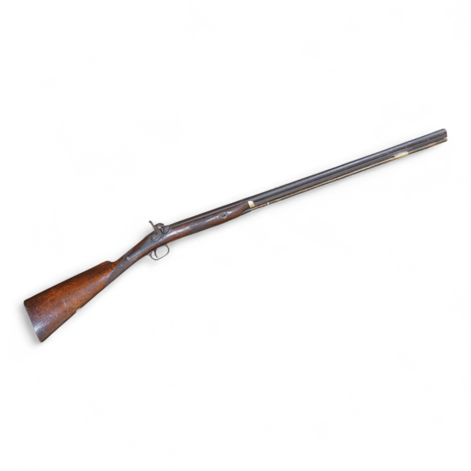 An English 16 bore back action, single barrel, percussion sporting gun, with half octagonal barrel half-stocked, barrel 82cm, iron mounted, chequered grip and fore end